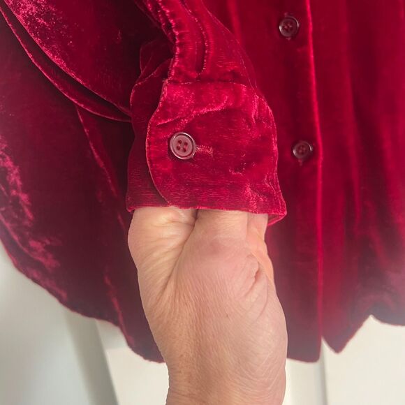 VTG Kenar Studio Crushed Velvet Button Down Up Blouse Sz 14 Silk Holiday Red - Picture 9 of 12